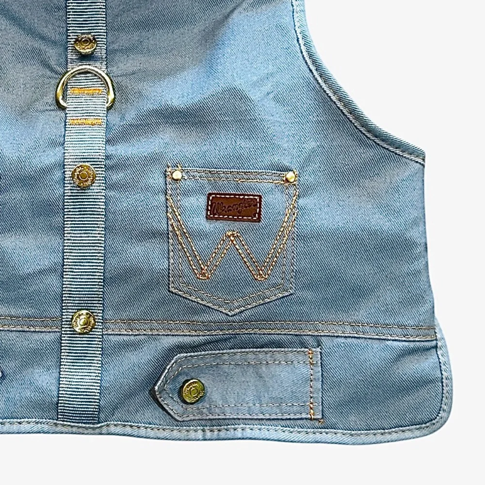 Wrangler Dog Harness Vest Light Blue Denim, Orange Mesh Lining, Trucker Style L